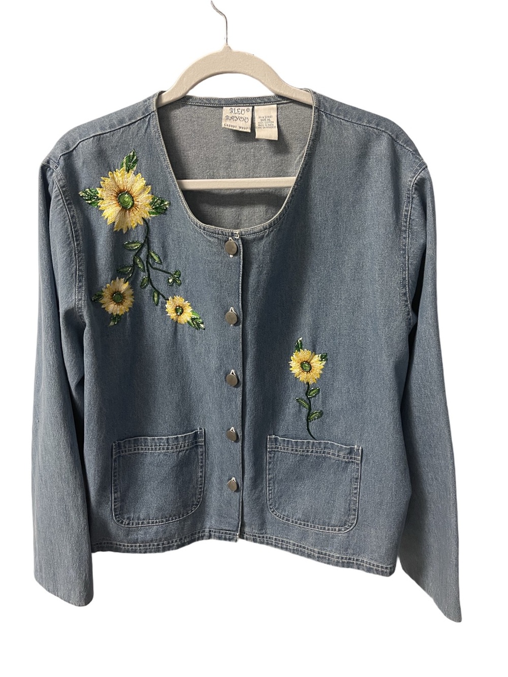 Vintage Bleu Bayou Embroidered Beaded Yellow Sunflower Denim Jacket Sz XL